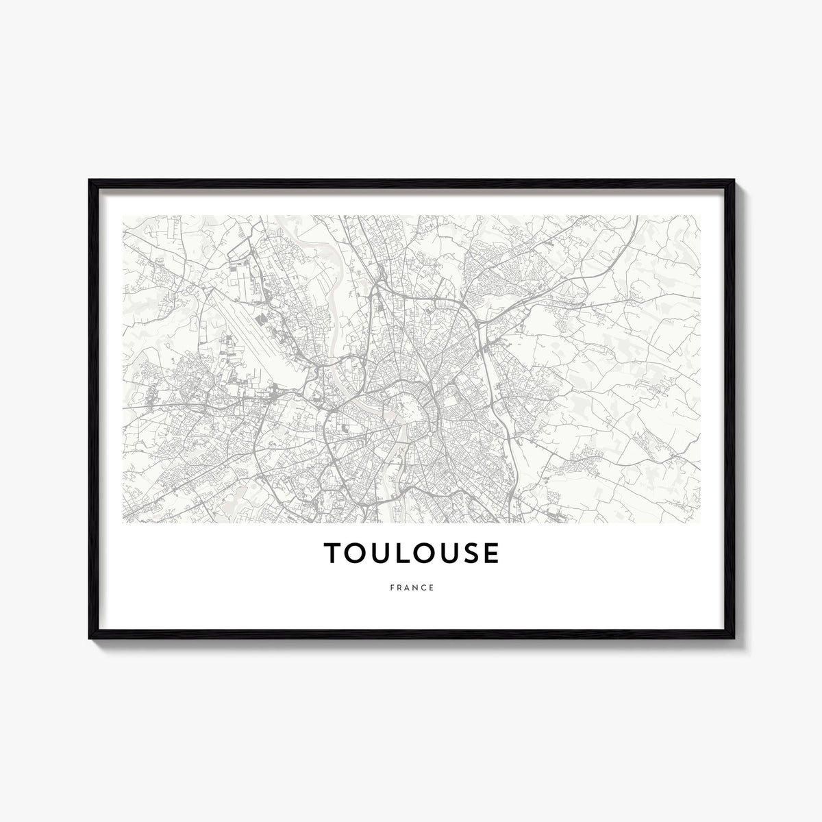 Toulouse black & white map poster of France – horizontal wall art, unframed print shown in interior mockup
