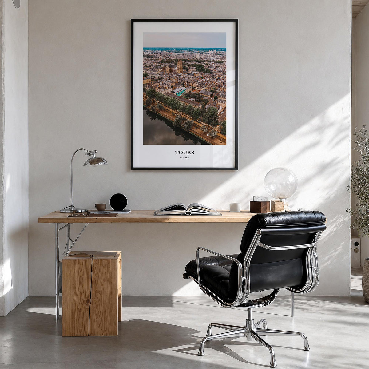 Tours colorful classic poster of France – vertical wall art in black wood frame, hanging on wall