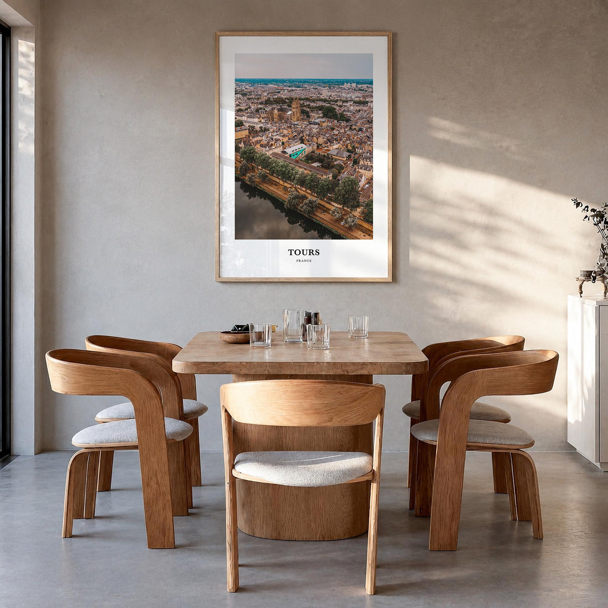 Tours colorful classic poster of France – vertical wall art in natural wood frame, hanging on wall