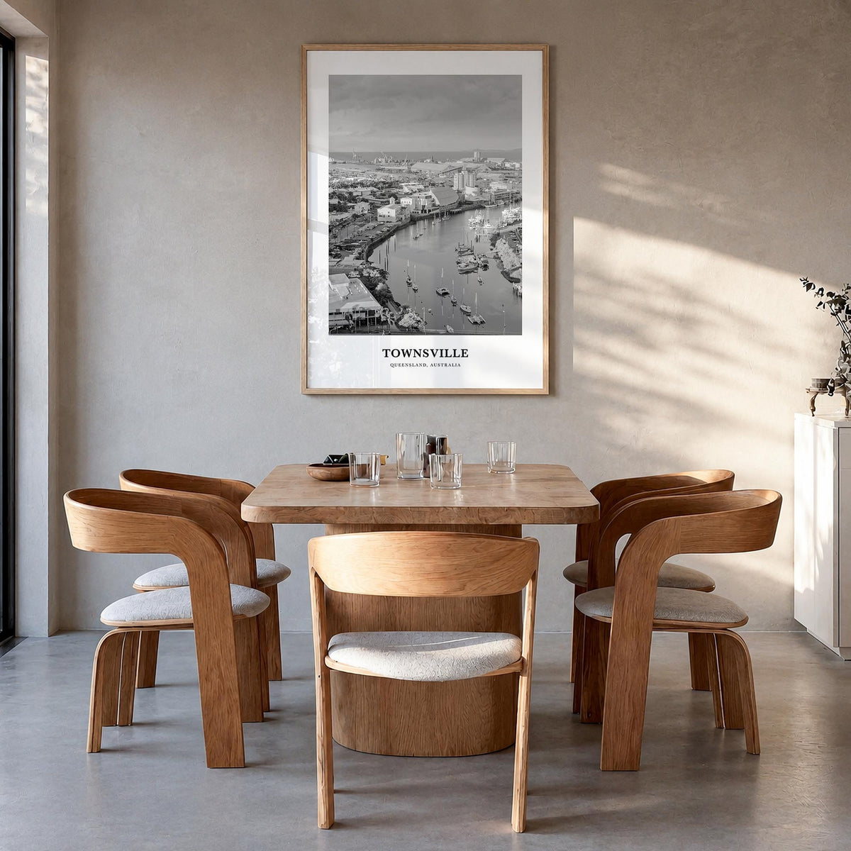 Townsville black & white classic poster of Queensland, Australia – vertical wall art in natural wood frame, hanging on wall