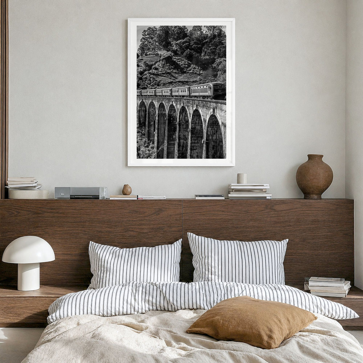 Train Arch Bridge Photo No 2 Poster in a white wood frame, hanging in a bedroom, white border
