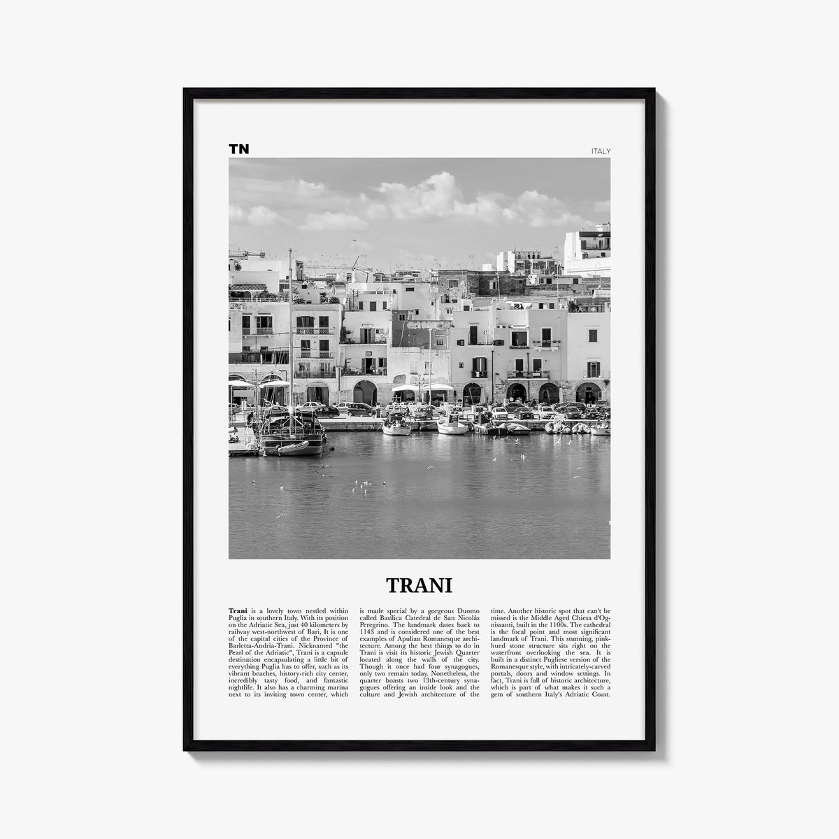 Trani black & white newspaper poster of Italy – vertical wall art, unframed print shown in interior mockup