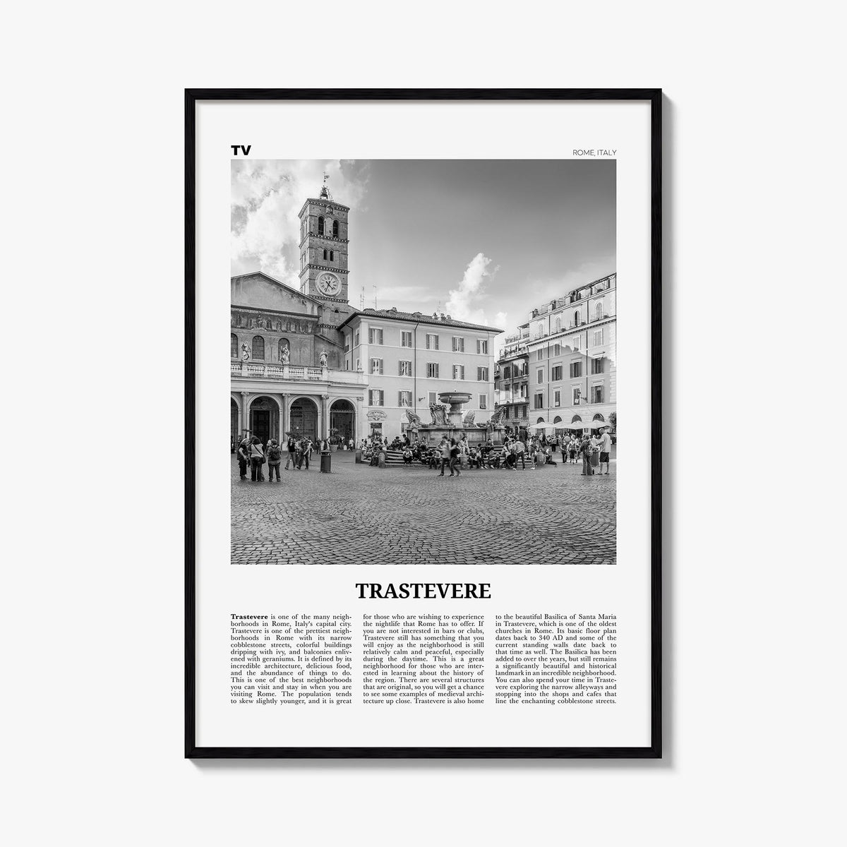 Trastevere black & white newspaper poster of Rome, Italy – vertical wall art, unframed print shown in interior mockup