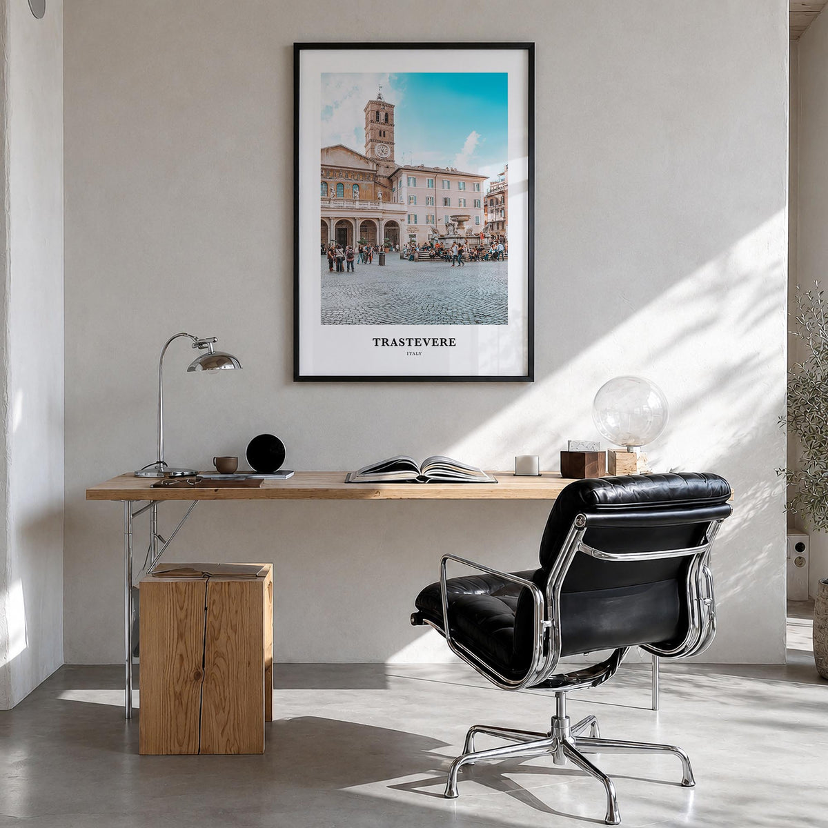 Trastevere colorful classic poster of Rome, Italy – vertical wall art in black wood frame, hanging on wall