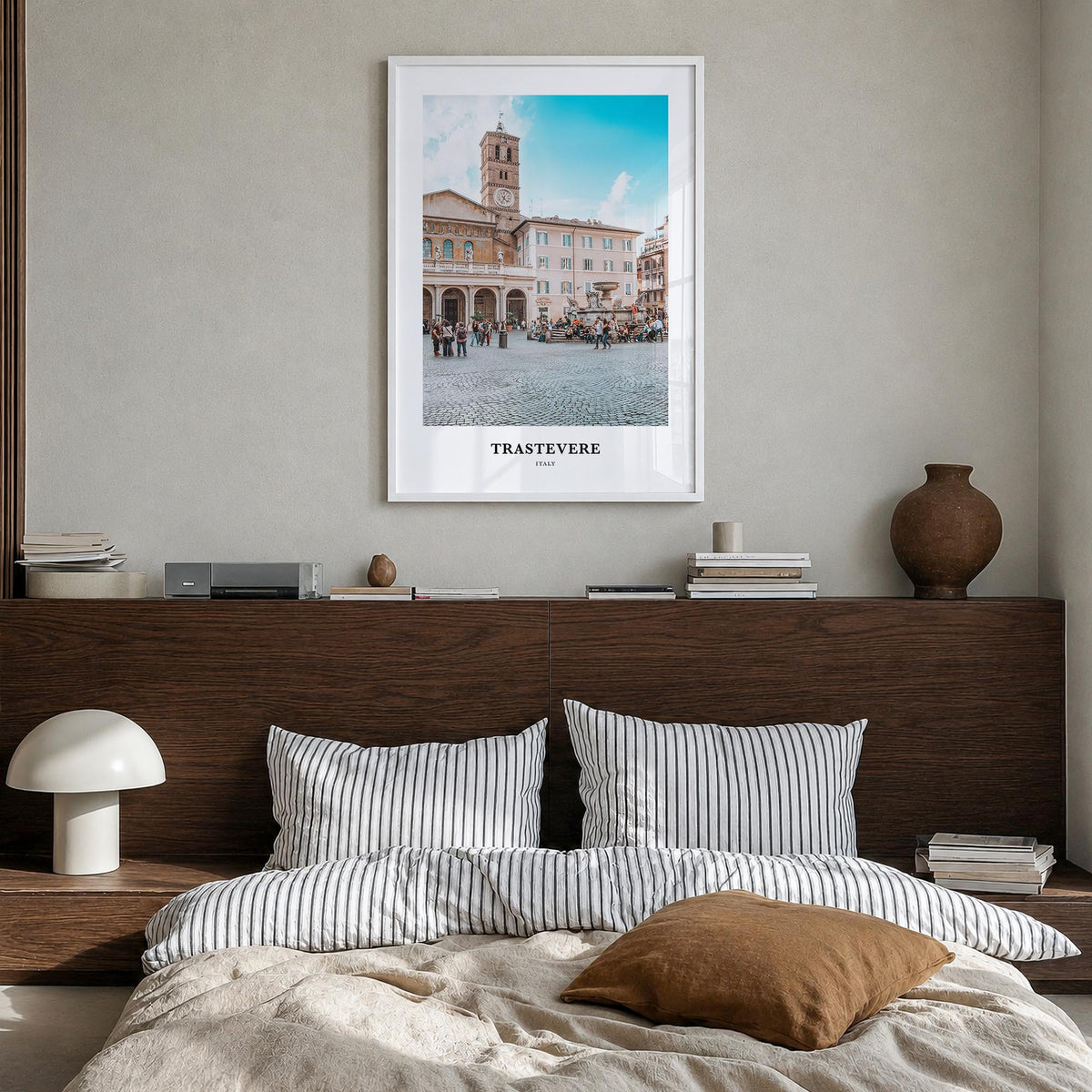 Trastevere colorful classic poster of Rome, Italy – vertical wall art in white wood frame, hanging on wall