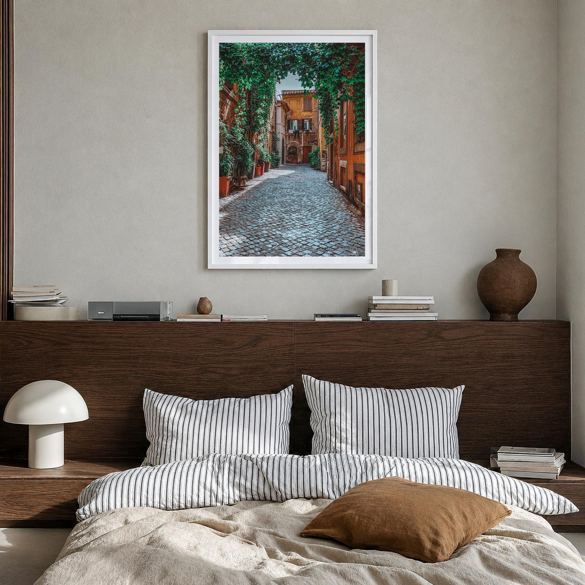 Trastevere colorful photo poster of Rome, Italy – vertical wall art in white wood frame with white border, hanging on wall