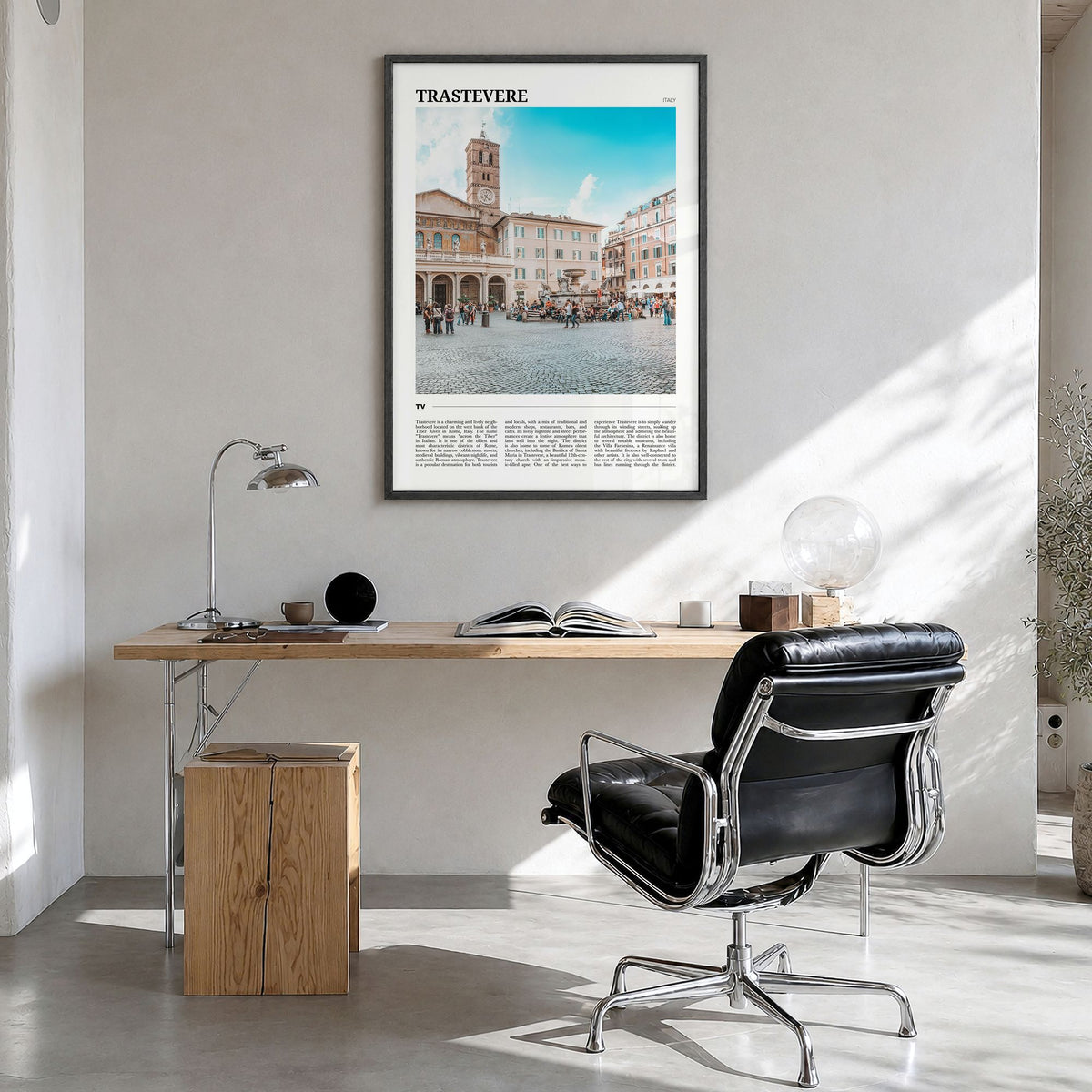 Trastevere Travel Poster in a black wood frame, hanging in a bright home office