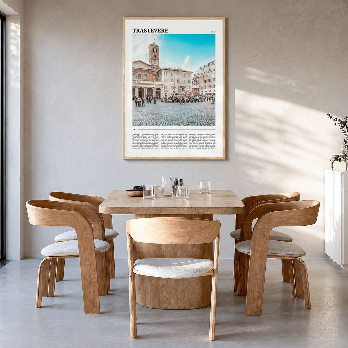 Trastevere Travel Poster in a natural wood frame, hanging in a dining room