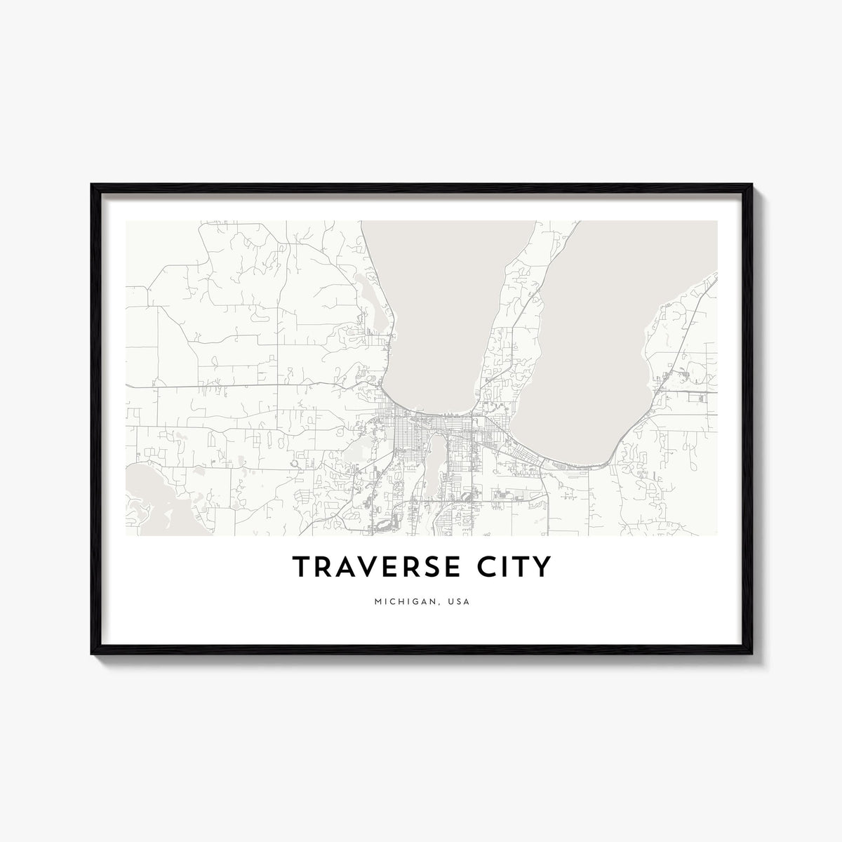 Traverse City black & white map poster of Michigan, USA – horizontal wall art, unframed print shown in interior mockup