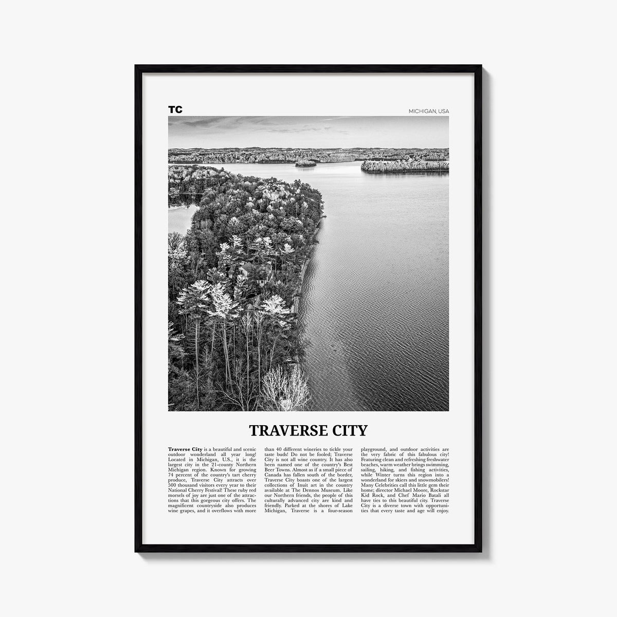 Traverse City black & white newspaper poster of Michigan, USA – vertical wall art, unframed print shown in interior mockup
