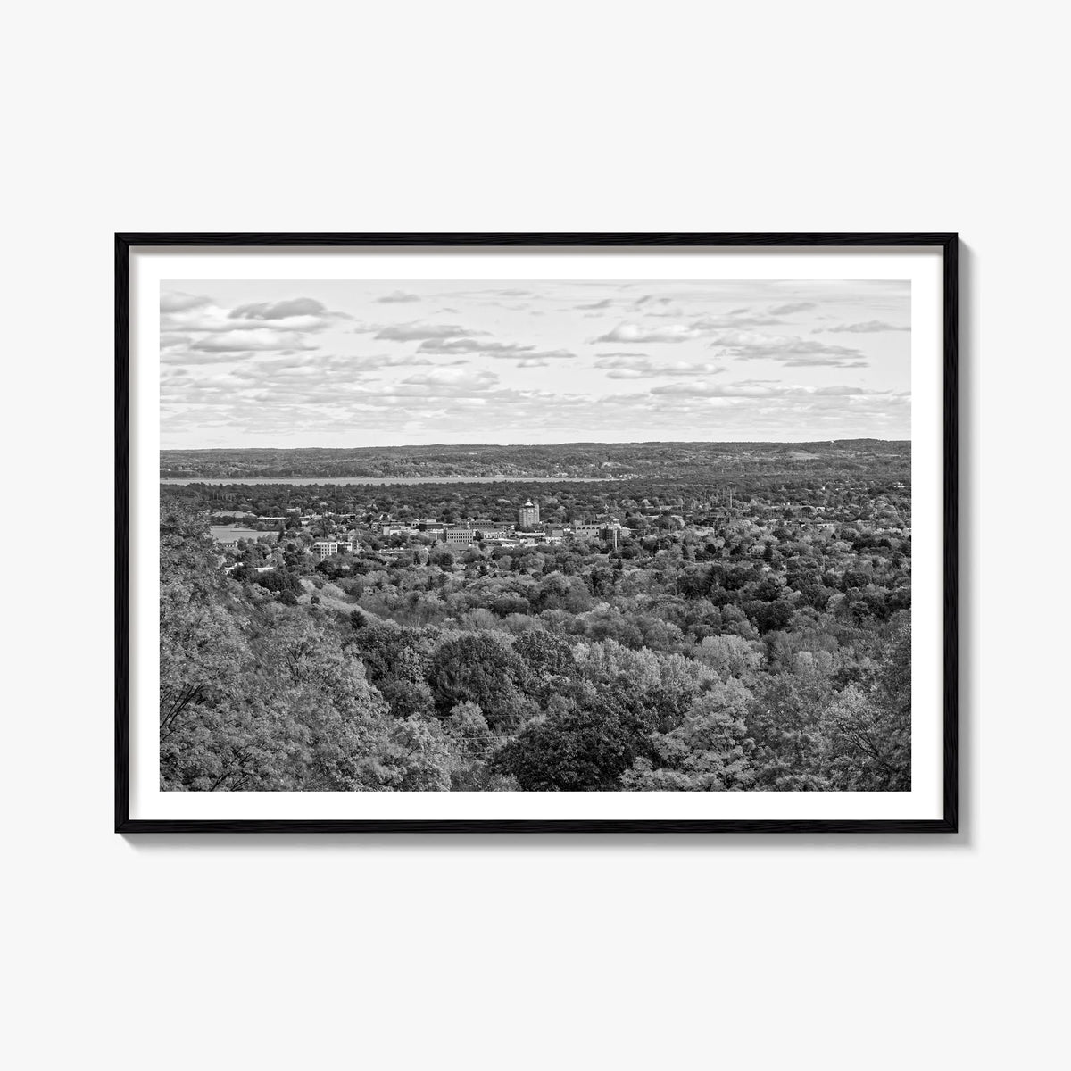 Traverse City black & white photo poster of Michigan, USA – horizontal wall art, unframed print shown in interior mockup