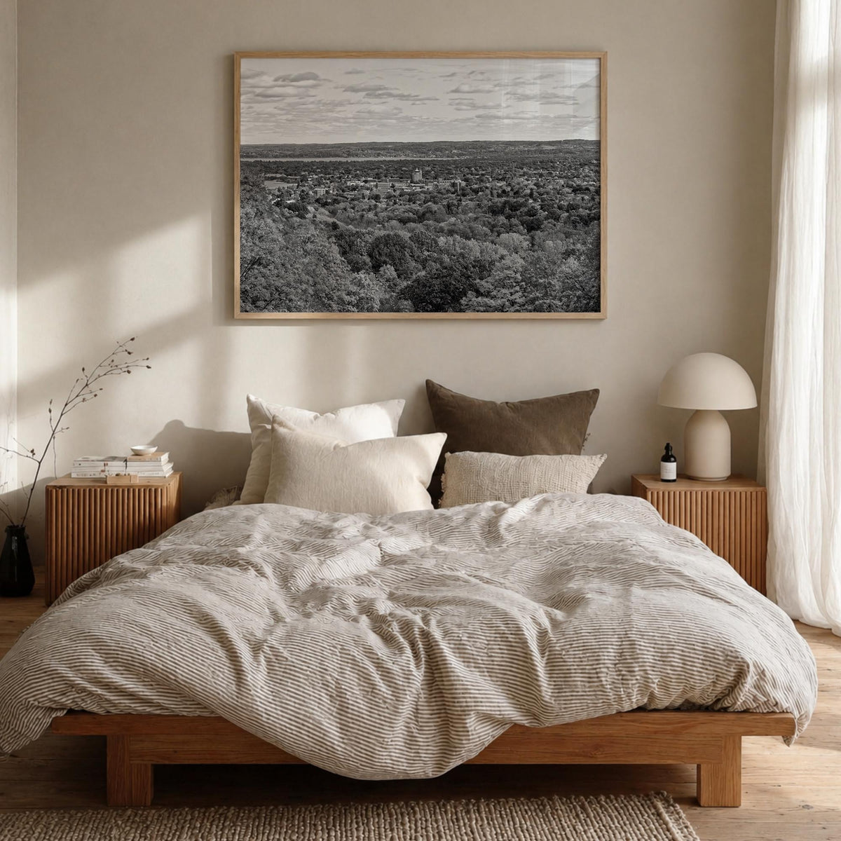Traverse City black & white photo poster of Michigan, USA – horizontal wall art in natural wood frame, hanging on wall