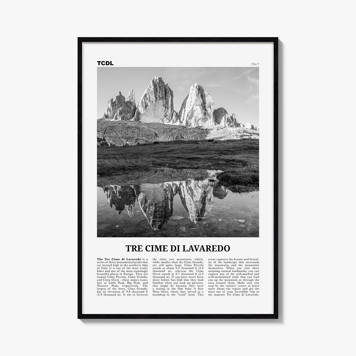 Tre Cime di Lavaredo black & white newspaper poster of Italy – vertical wall art, unframed print shown in interior mockup
