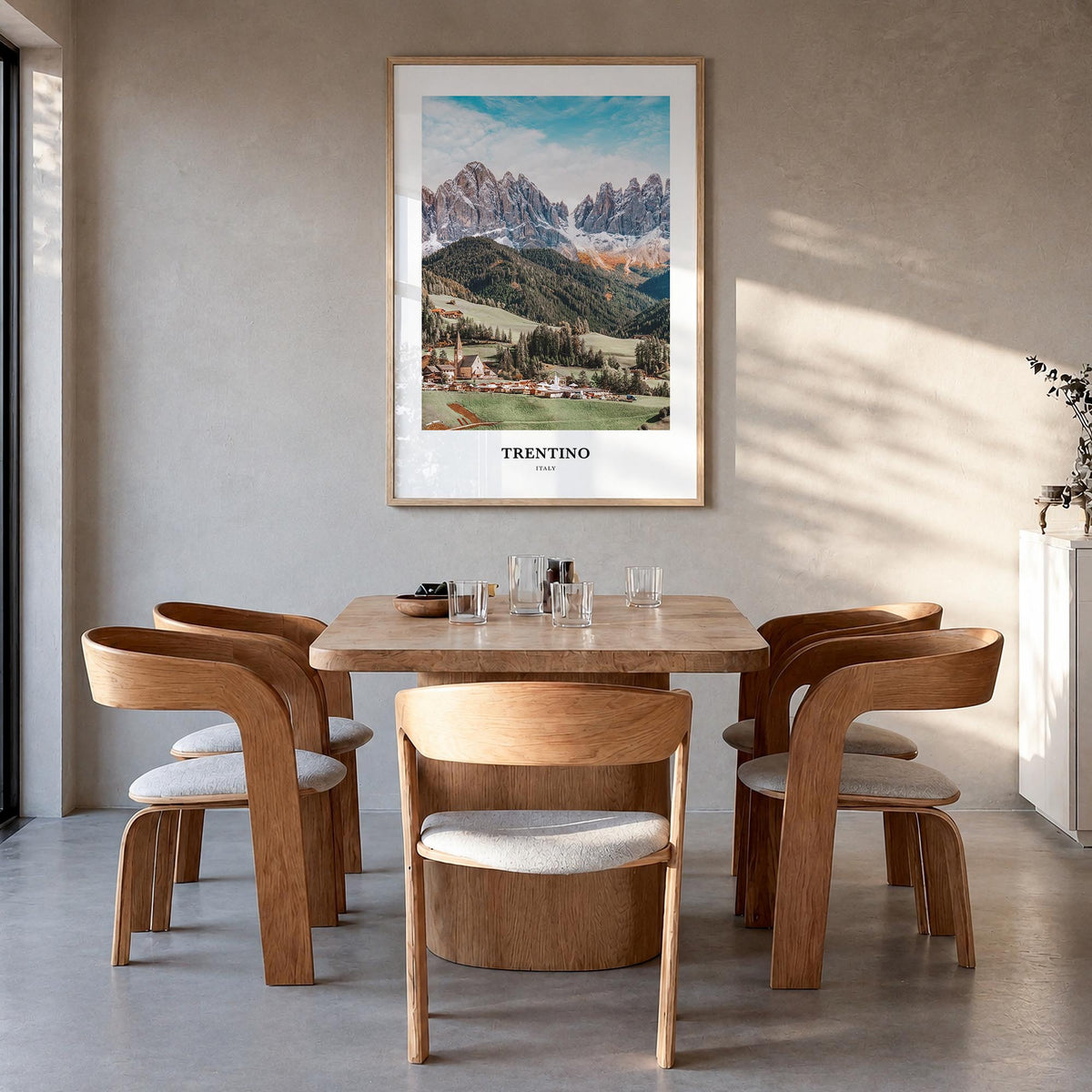 Trentino no. 2 colorful classic poster of Italy – vertical wall art in natural wood frame, hanging on wall