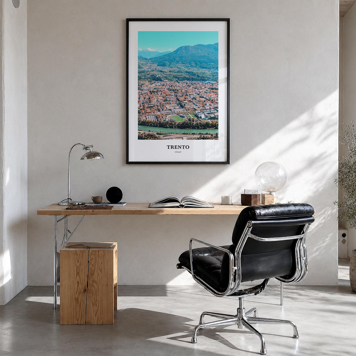 Trento colorful classic poster of Italy – vertical wall art in black wood frame, hanging on wall