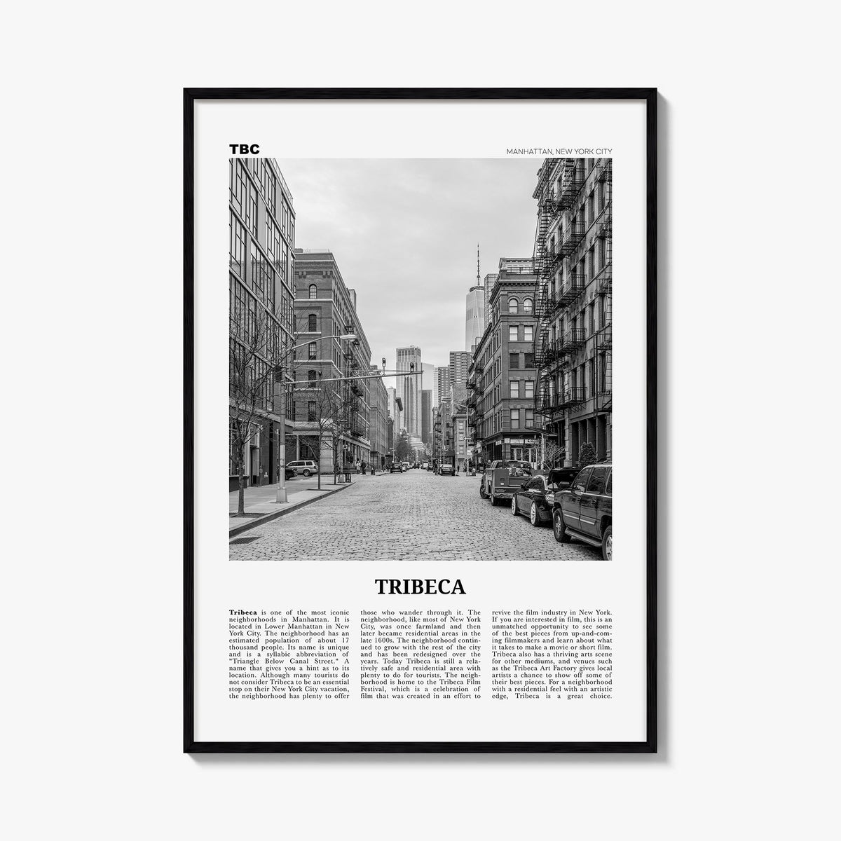 Tribeca black & white newspaper poster of Manhattan, New York City – vertical wall art, unframed print shown in interior mock