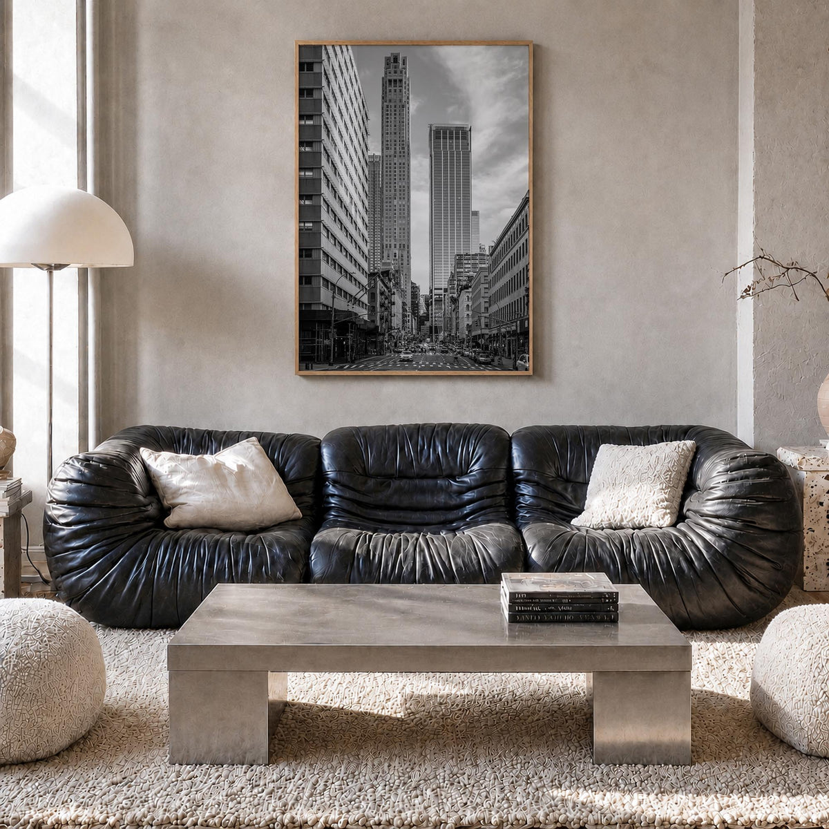 Tribeca black & white photo poster of Manhattan, New York City – vertical wall art in natural wood frame, hanging on wall