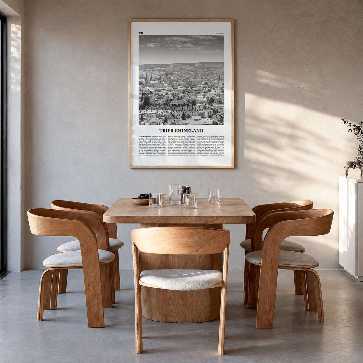 Trier Rhineland black & white newspaper poster of Germany – vertical wall art in natural wood frame, hanging on wall