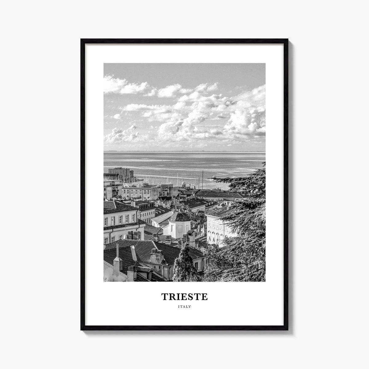Trieste black & white classic poster of Italy – vertical wall art, unframed print shown in interior mockup
