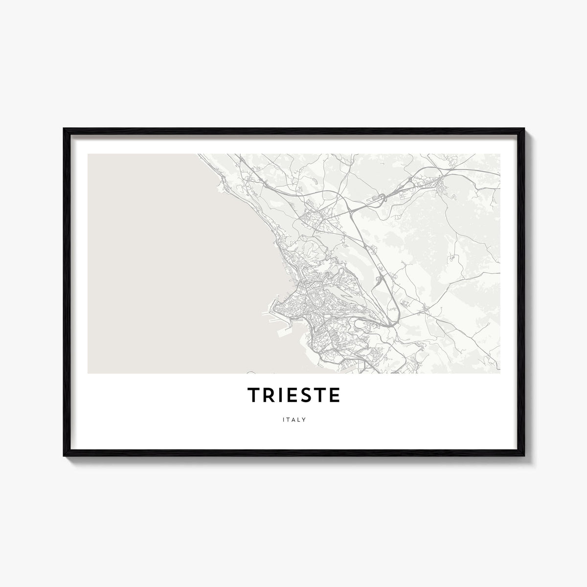 Trieste black & white map poster of Italy – horizontal wall art, unframed print shown in interior mockup