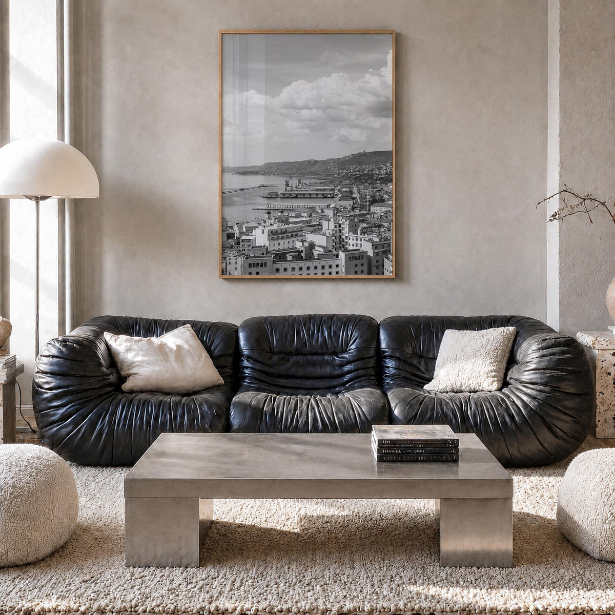 Trieste black & white photo poster of Italy – vertical wall art in natural wood frame, hanging on wall