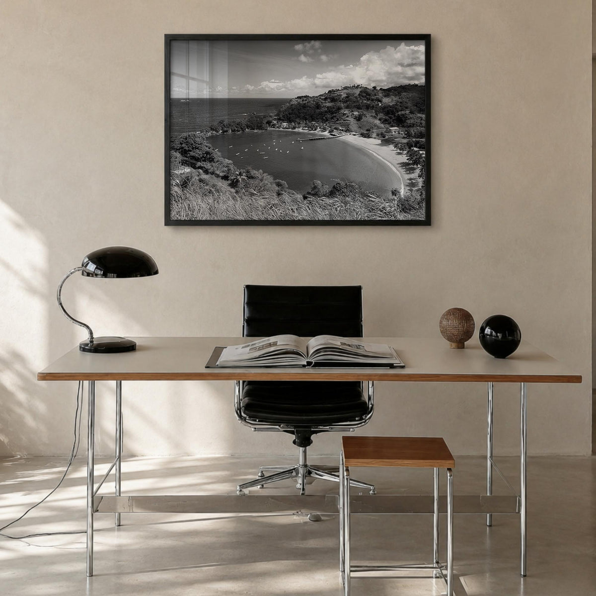 Trinidad and Tobago black & white photo poster of Caribbean – horizontal wall art in black wood frame, hanging on wall