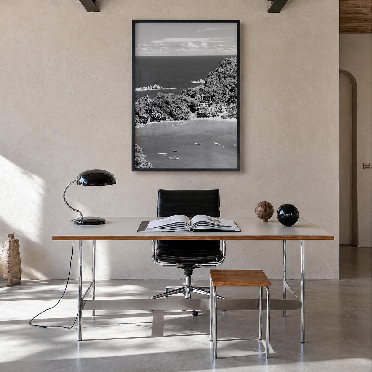 Trinidad and Tobago black & white photo poster of Caribbean – vertical wall art in black wood frame, hanging on wall