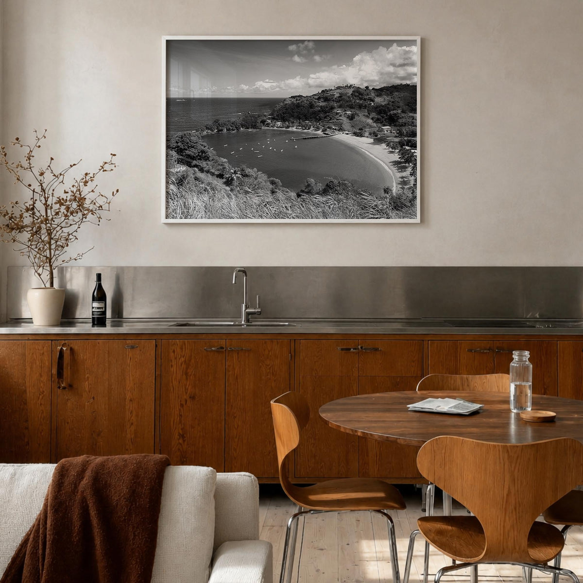 Trinidad and Tobago black & white photo poster of Caribbean – horizontal wall art in white wood frame, hanging on wall