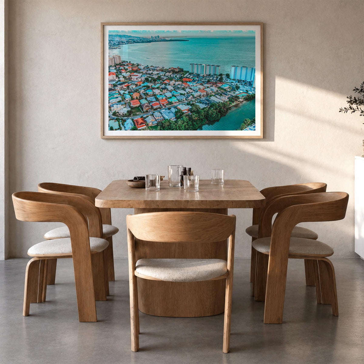 Trinidad and Tobago colorful photo poster of Caribbean – horizontal wall art in natural wood frame with white border, hanging