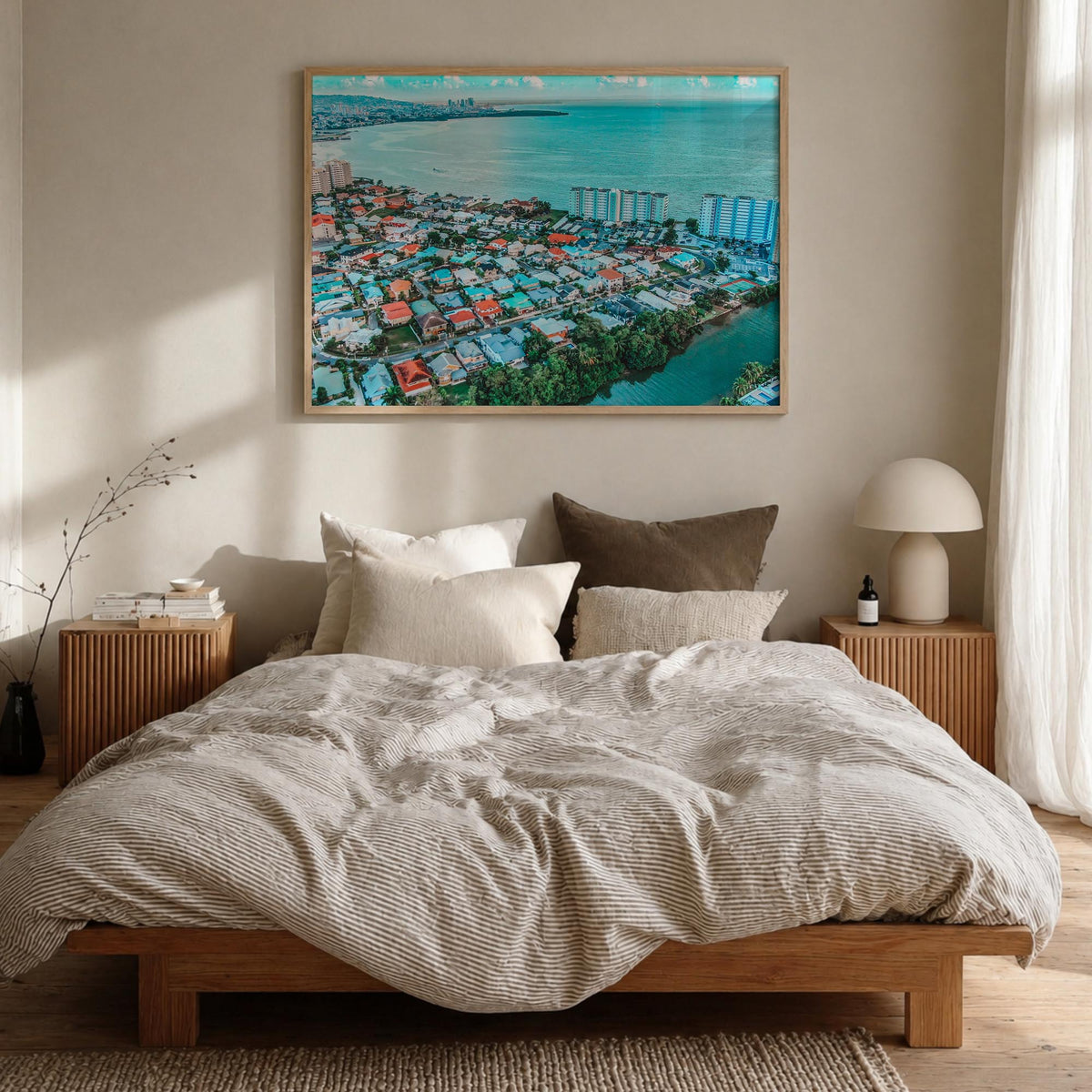 Trinidad and Tobago colorful photo poster of Caribbean – horizontal wall art in natural wood frame, hanging on wall