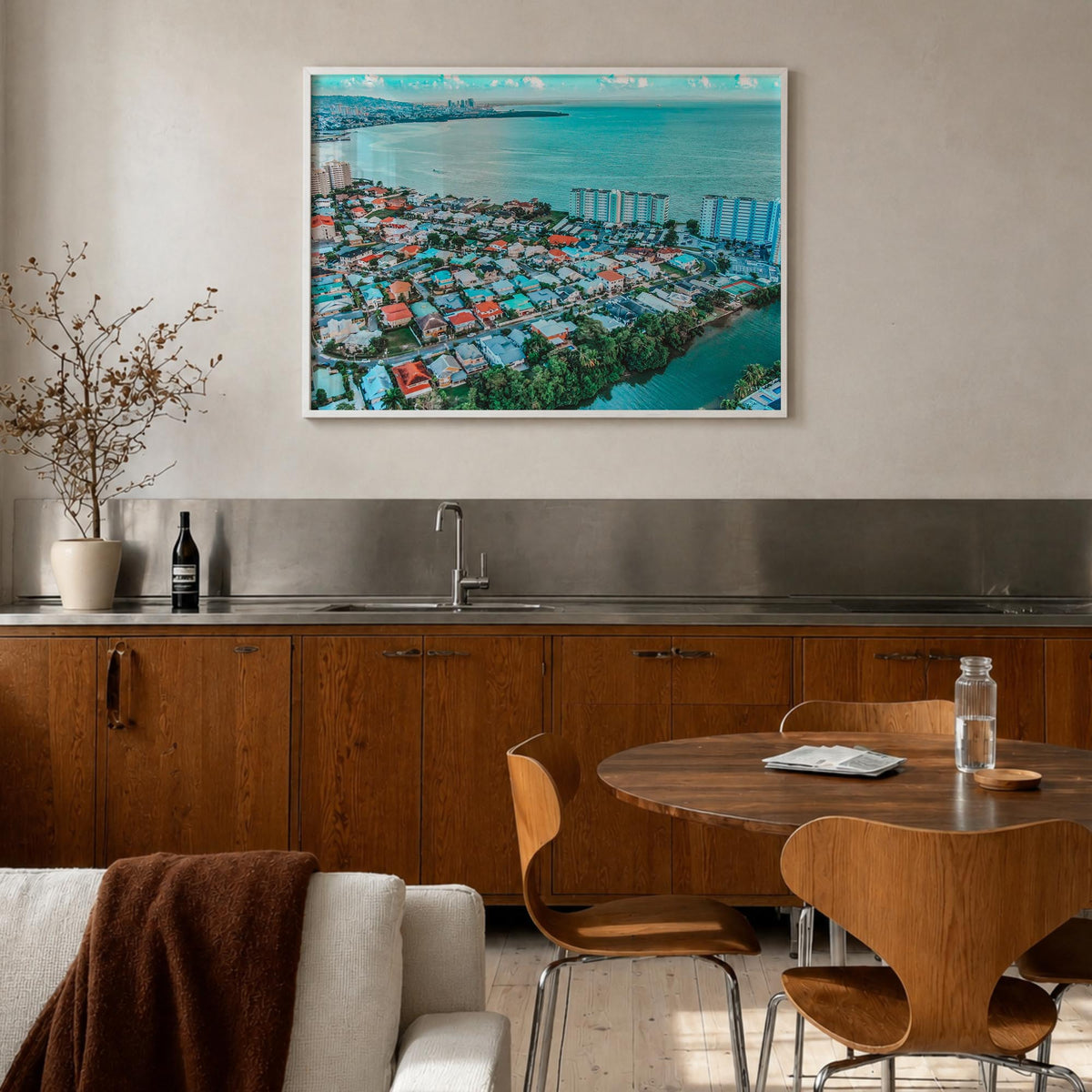 Trinidad and Tobago colorful photo poster of Caribbean – horizontal wall art in white wood frame, hanging on wall