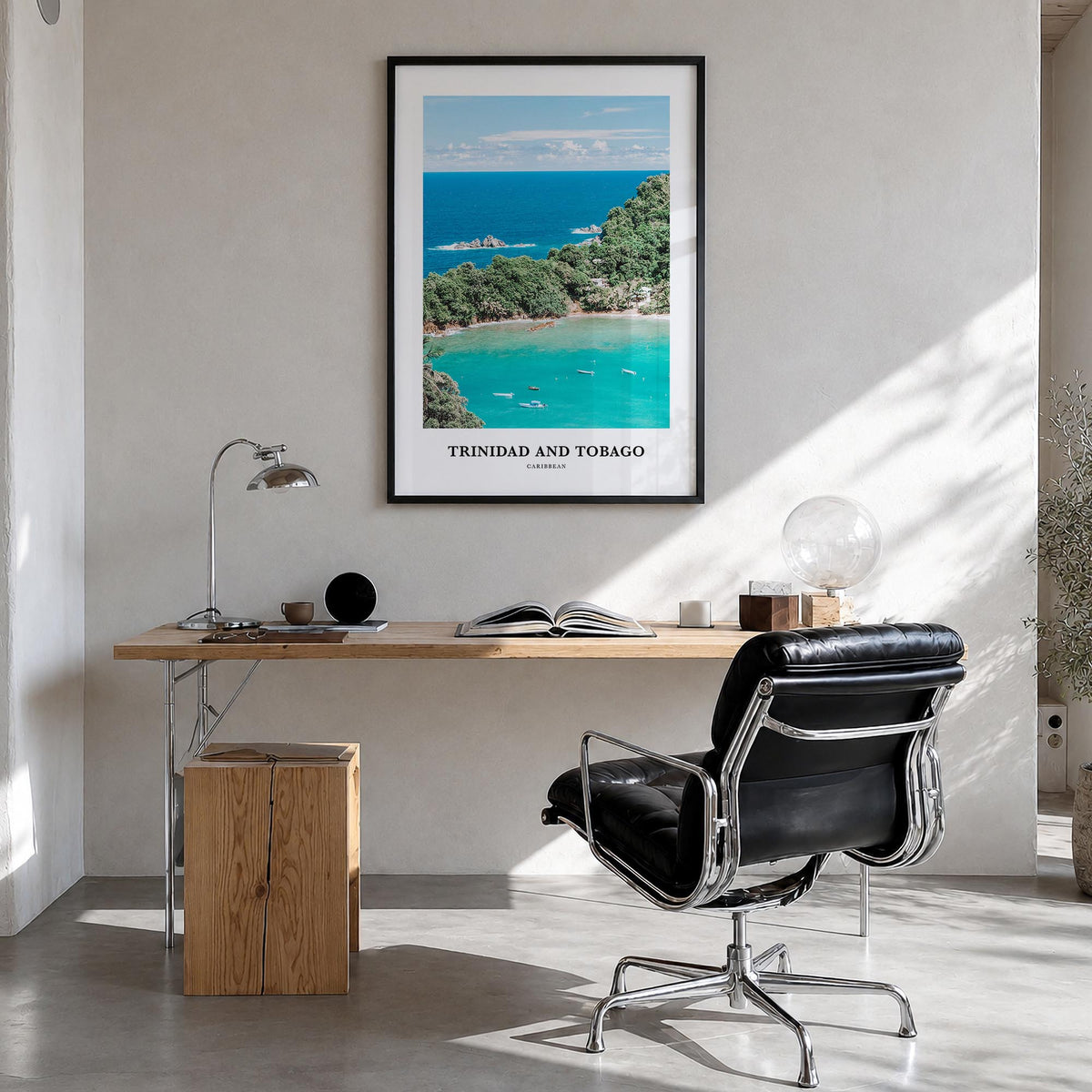 Trinidad and Tobago no. 1 colorful classic poster of Caribbean – vertical wall art in black wood frame, hanging on wall