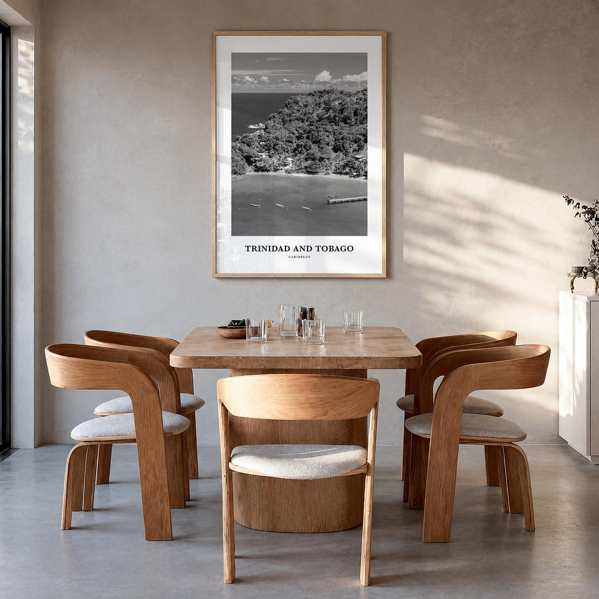 Trinidad and Tobago no. 2 black & white classic poster of Caribbean – vertical wall art in natural wood frame, hanging on wal