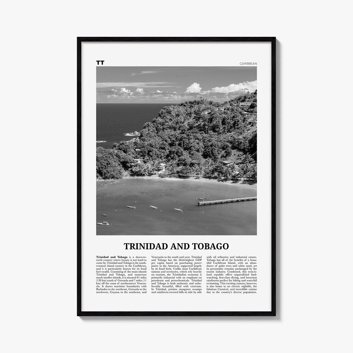 Trinidad and Tobago no. 2 black & white newspaper poster of Caribbean – vertical wall art, unframed print shown in interior m