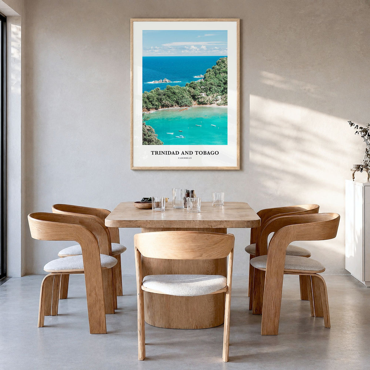 Trinidad and Tobago Classic No 1 Poster in a natural wood frame, hanging in a dining room
