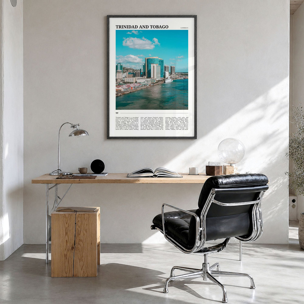 Trinidad and Tobago Travel No 1 Poster in a black wood frame, hanging in a bright home office