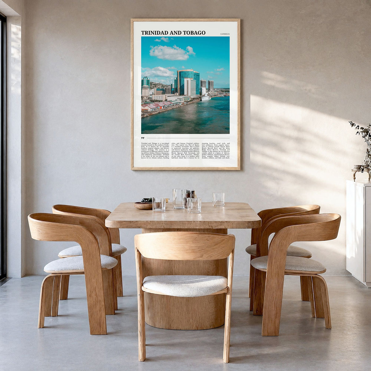 Trinidad and Tobago Travel No 1 Poster in a natural wood frame, hanging in a dining room
