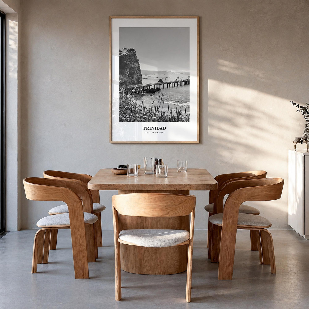 Trinidad black & white classic poster of California, USA – vertical wall art in natural wood frame, hanging on wall