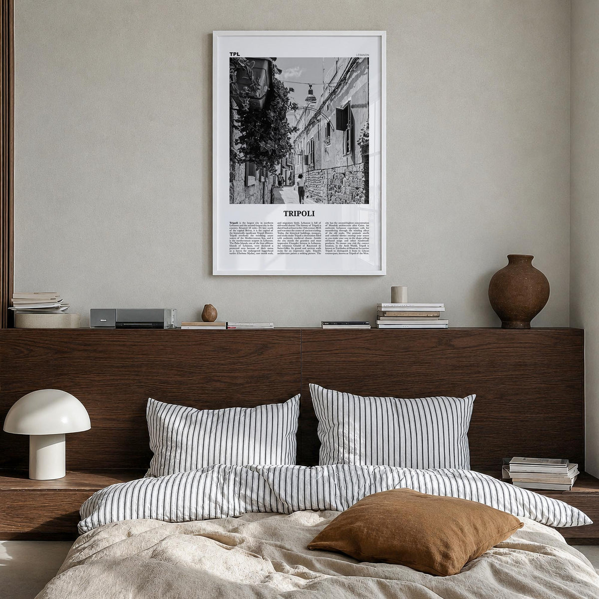 Tripoli, Lebanon no. 1 black & white newspaper poster of Lebanon – vertical wall art in white wood frame, hanging on wall