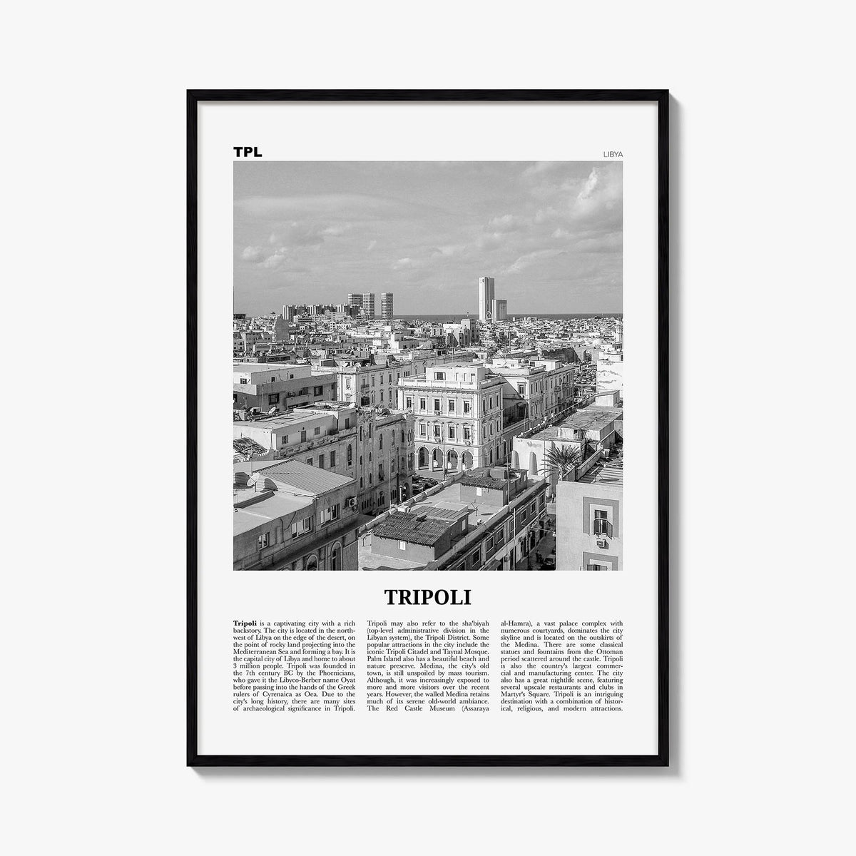 Tripoli, Libya black & white newspaper poster of Libya – vertical wall art, unframed print shown in interior mockup