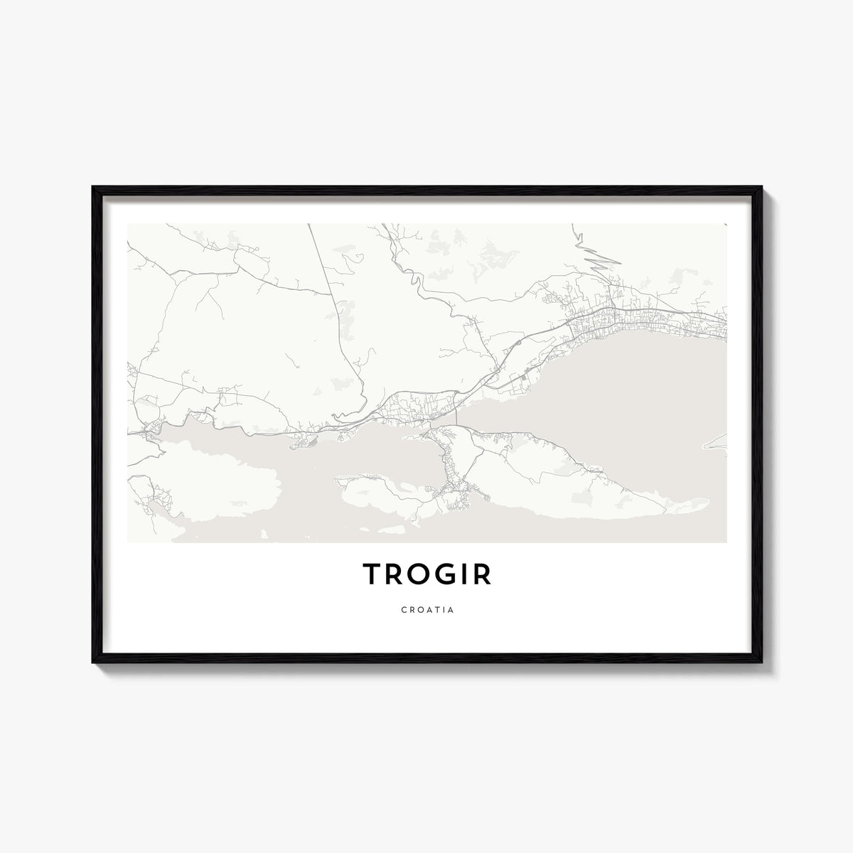 Trogir black & white map poster of Croatia – horizontal wall art, unframed print shown in interior mockup
