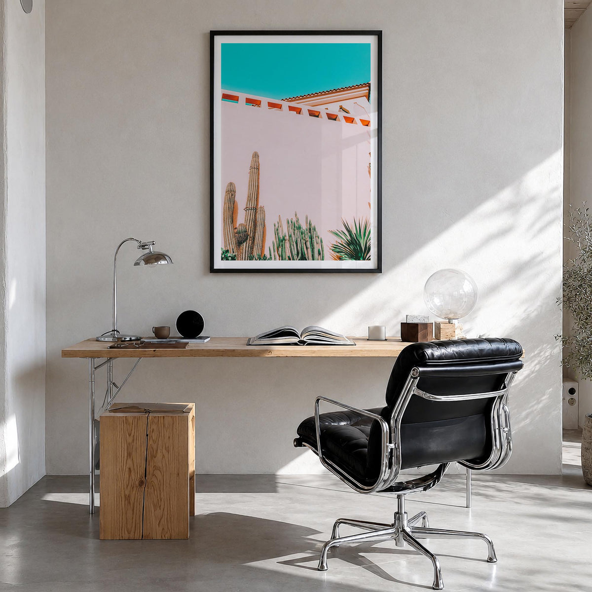Tropical Mood colorful photo poster – vertical wall art in black wood frame with white border, hanging on wall