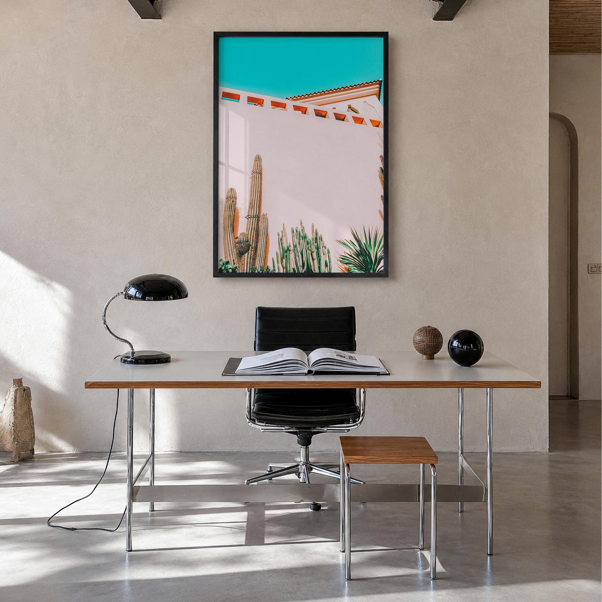 Tropical Mood colorful photo poster – vertical wall art in black wood frame, hanging on wall