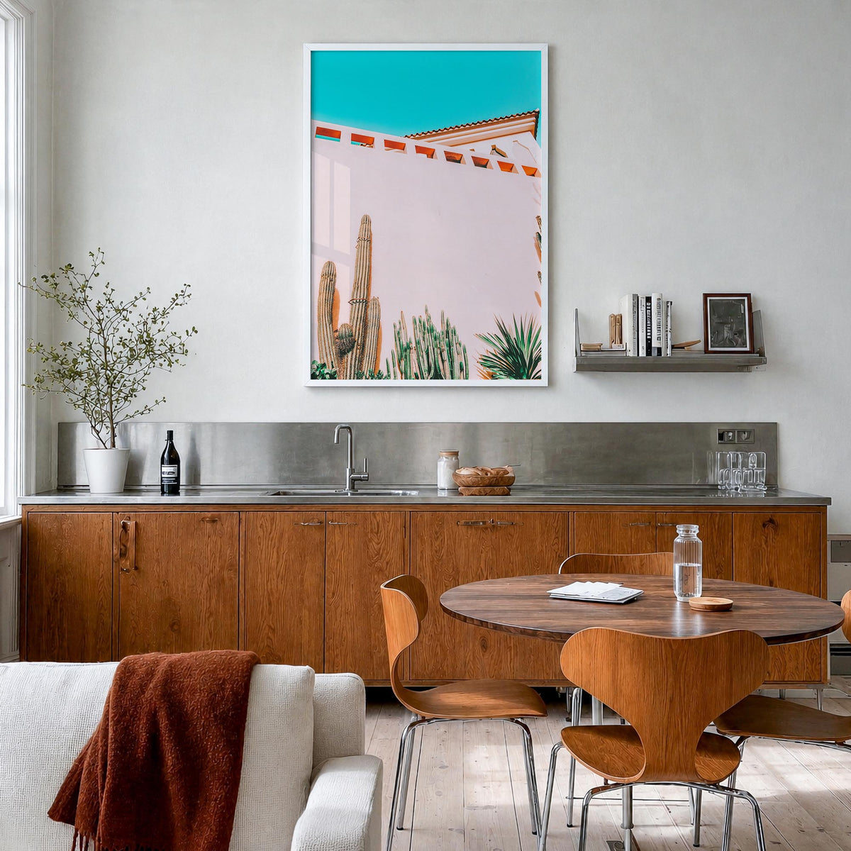 Tropical Mood colorful photo poster – vertical wall art in white wood frame, hanging on wall