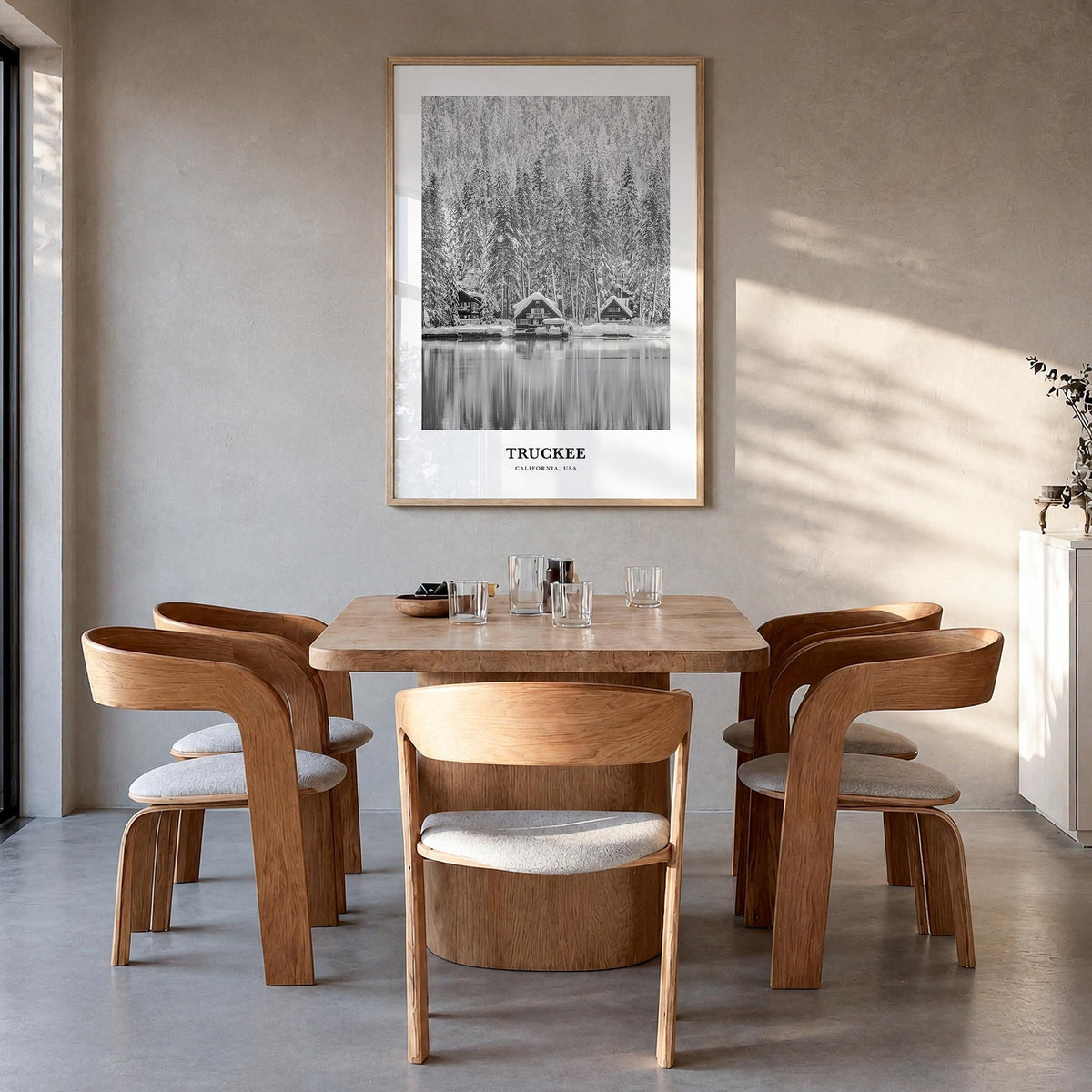 Truckee black & white classic poster of California, USA – vertical wall art in natural wood frame, hanging on wall