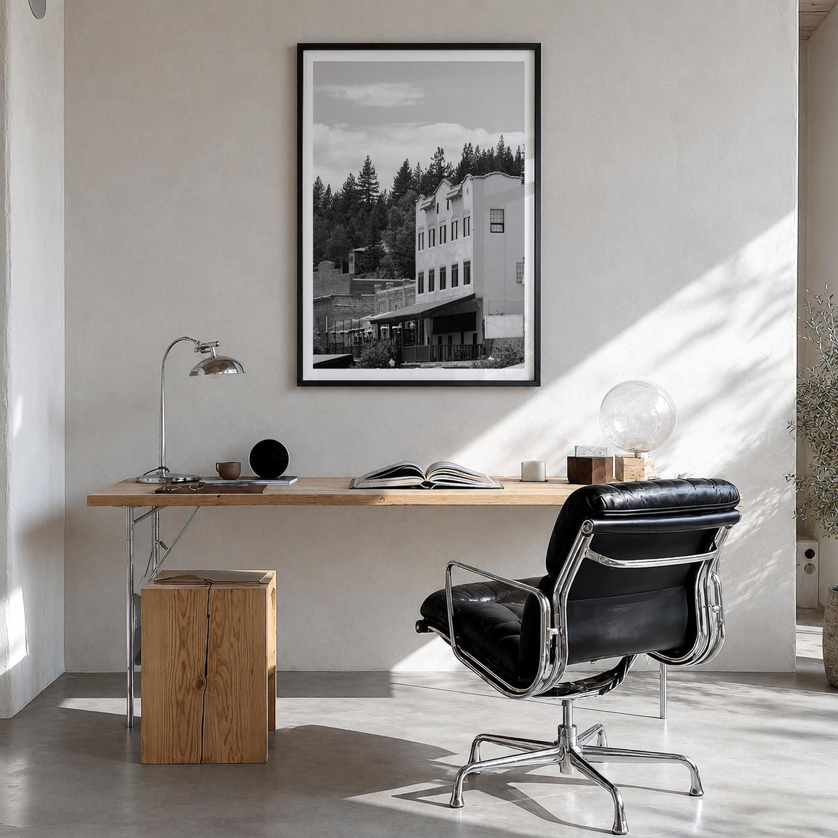 Truckee black & white photo poster of California, USA – vertical wall art in black wood frame with white border, hanging on w