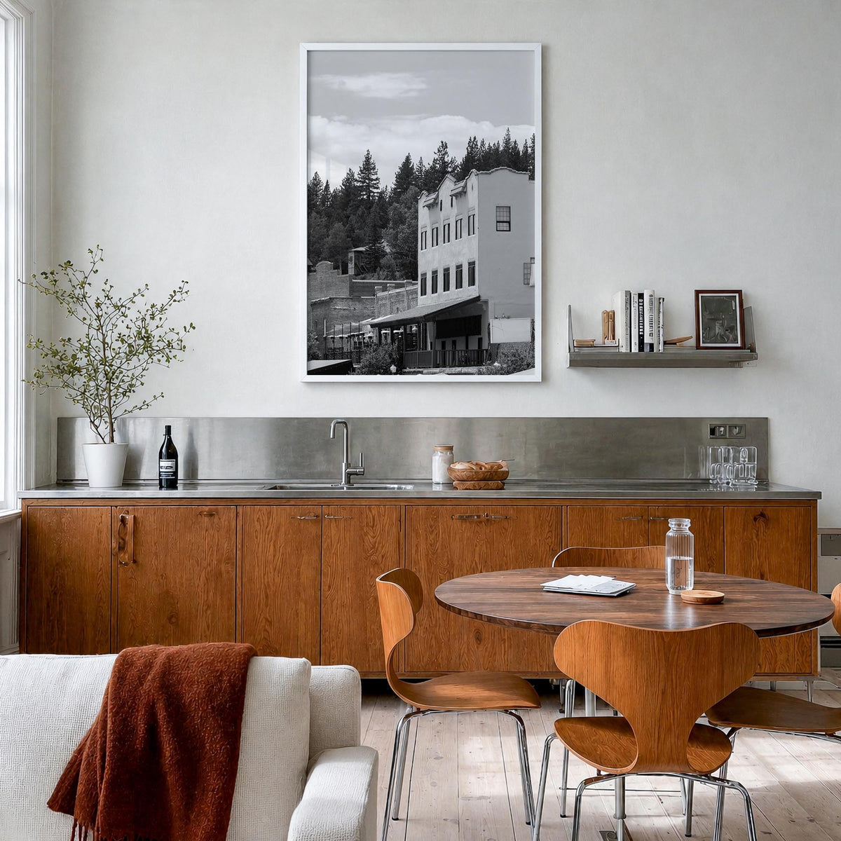 Truckee black & white photo poster of California, USA – vertical wall art in white wood frame, hanging on wall