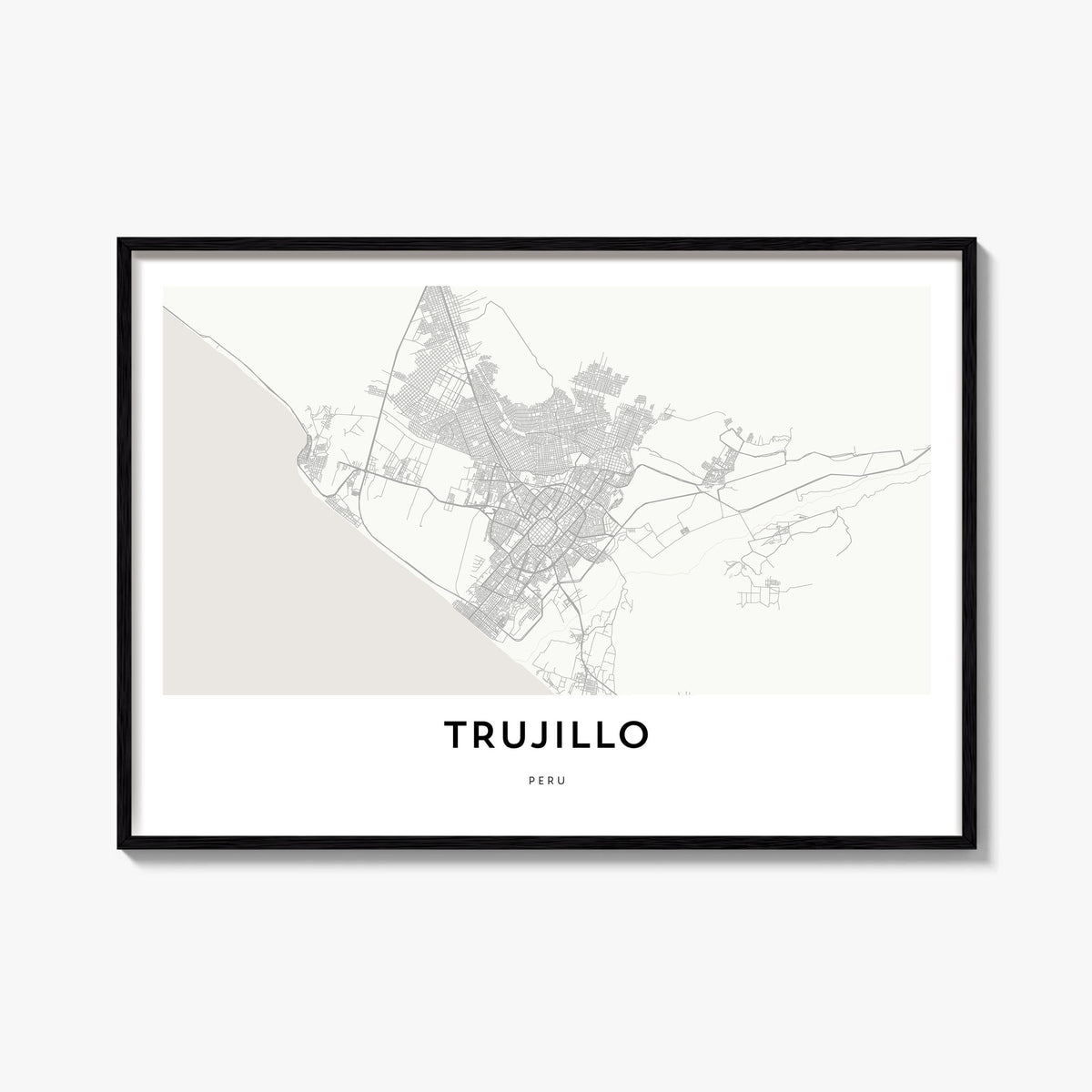 Trujillo black & white map poster of Peru – horizontal wall art, unframed print shown in interior mockup