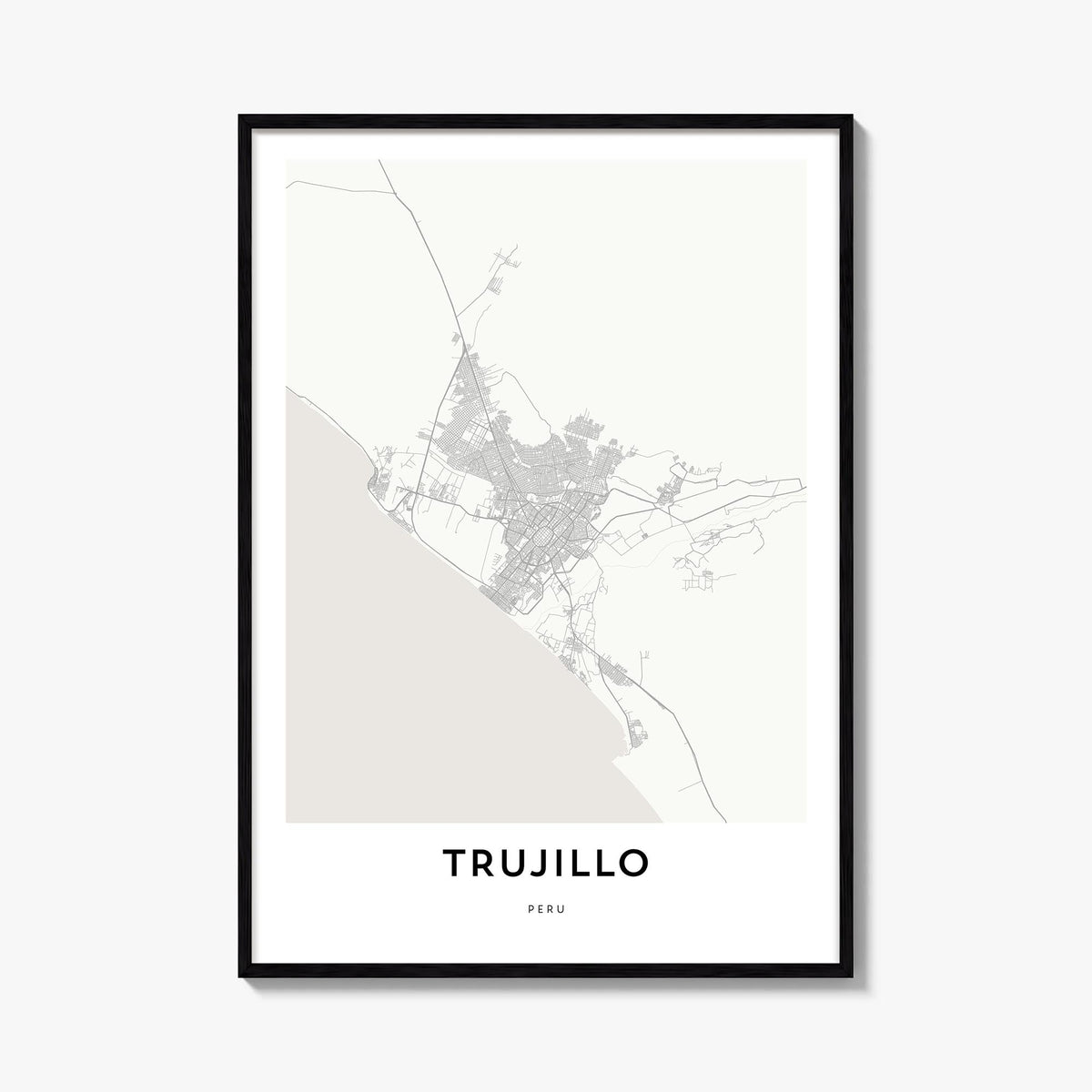 Trujillo black & white map poster of Peru – vertical wall art, unframed print shown in interior mockup