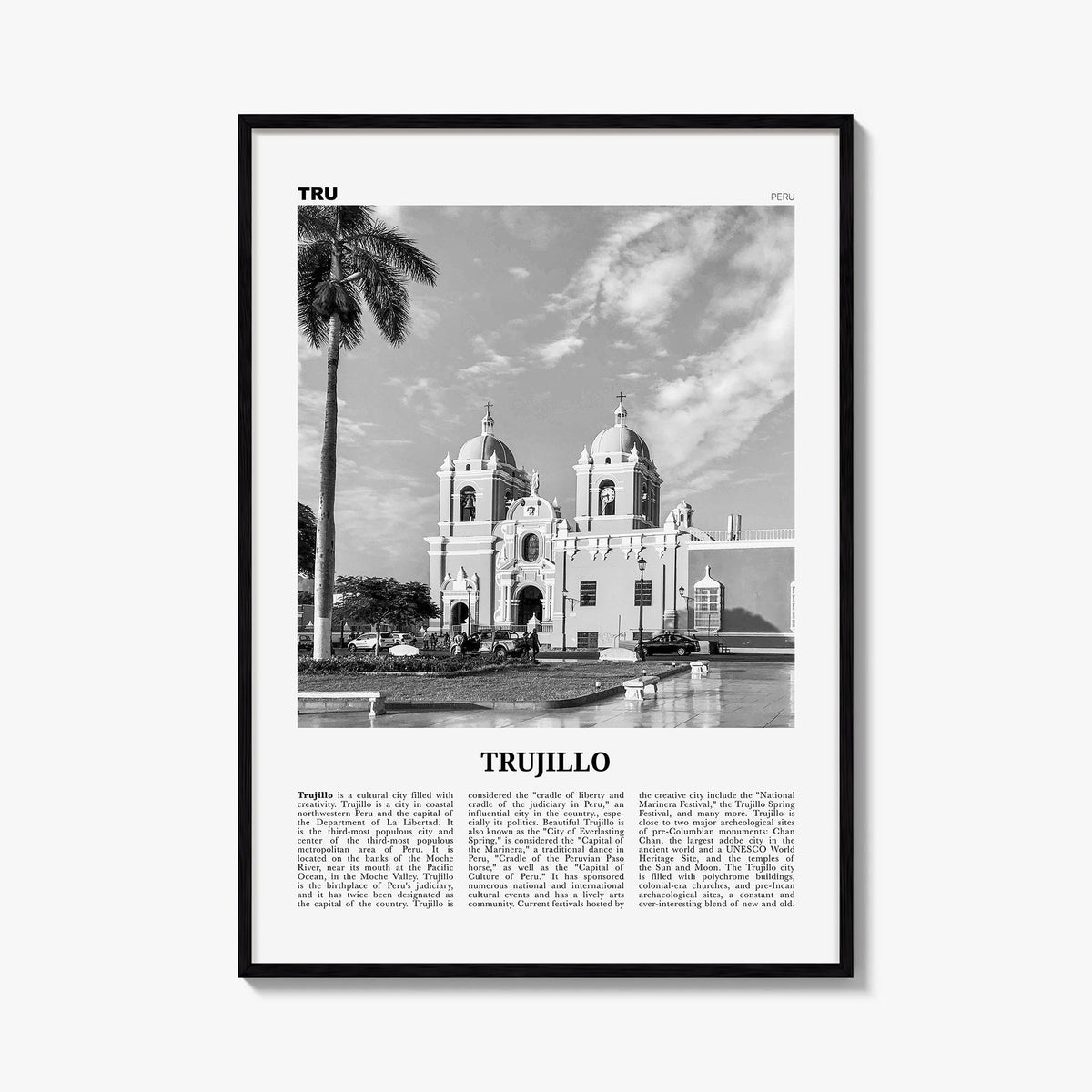 Trujillo black & white newspaper poster of Peru – vertical wall art, unframed print shown in interior mockup